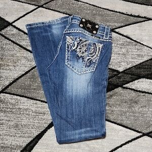 MISS ME EMBROIDERED RHINESTONES PAISLEY DESIGN BOOT-LEG LONG DENIM JEAN